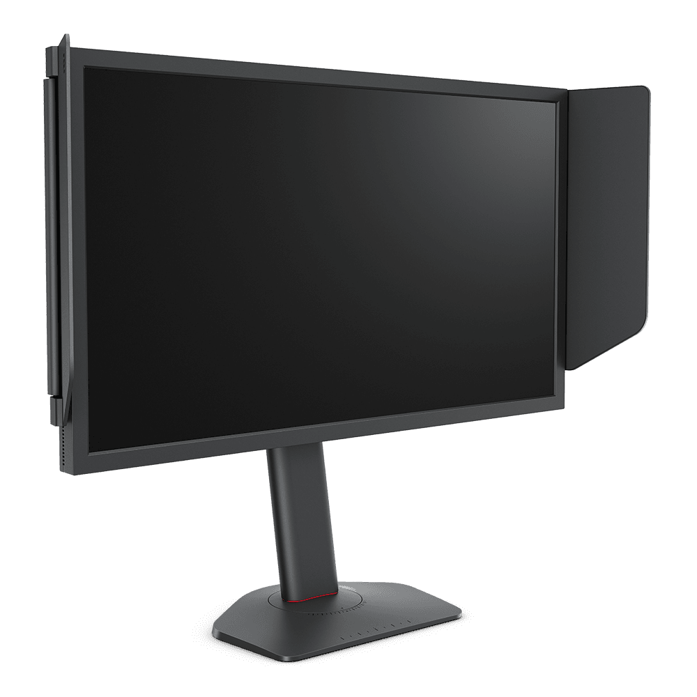 BenQ ZOWIE XL2546X+の画面、スタンド、アイシールドを斜め前から確認できるBenQ ZOWIE公式画像。