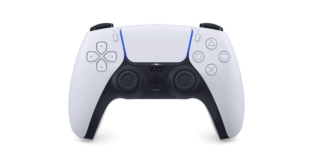 白いDualSenseワイヤレスコントローラー本体を正面から確認できるPlayStation公式画像。
