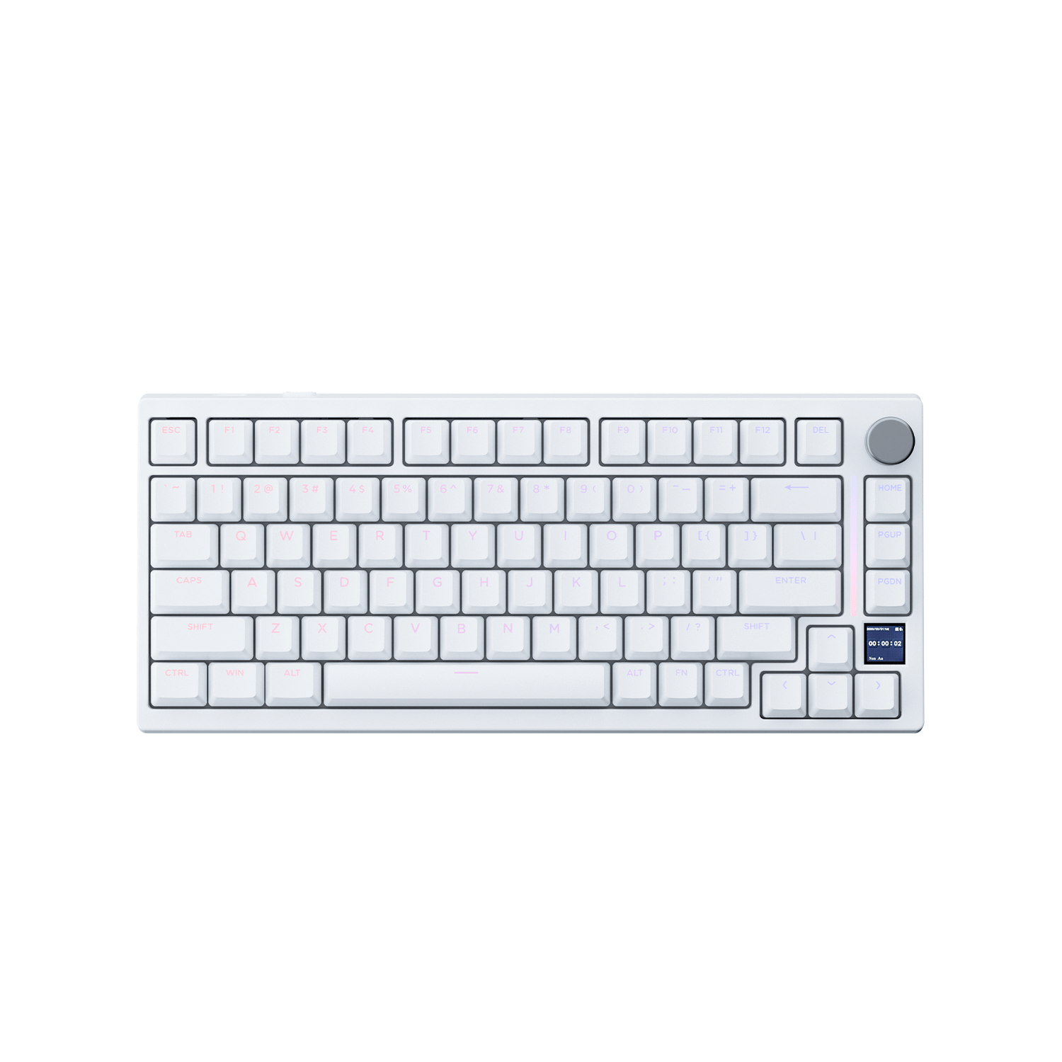 白いGamaKay TK75HE V2のANSI 81キー配列、横長Enter、ノブ、右下ディスプレイを真上から確認できるGamaKay公式商品画像