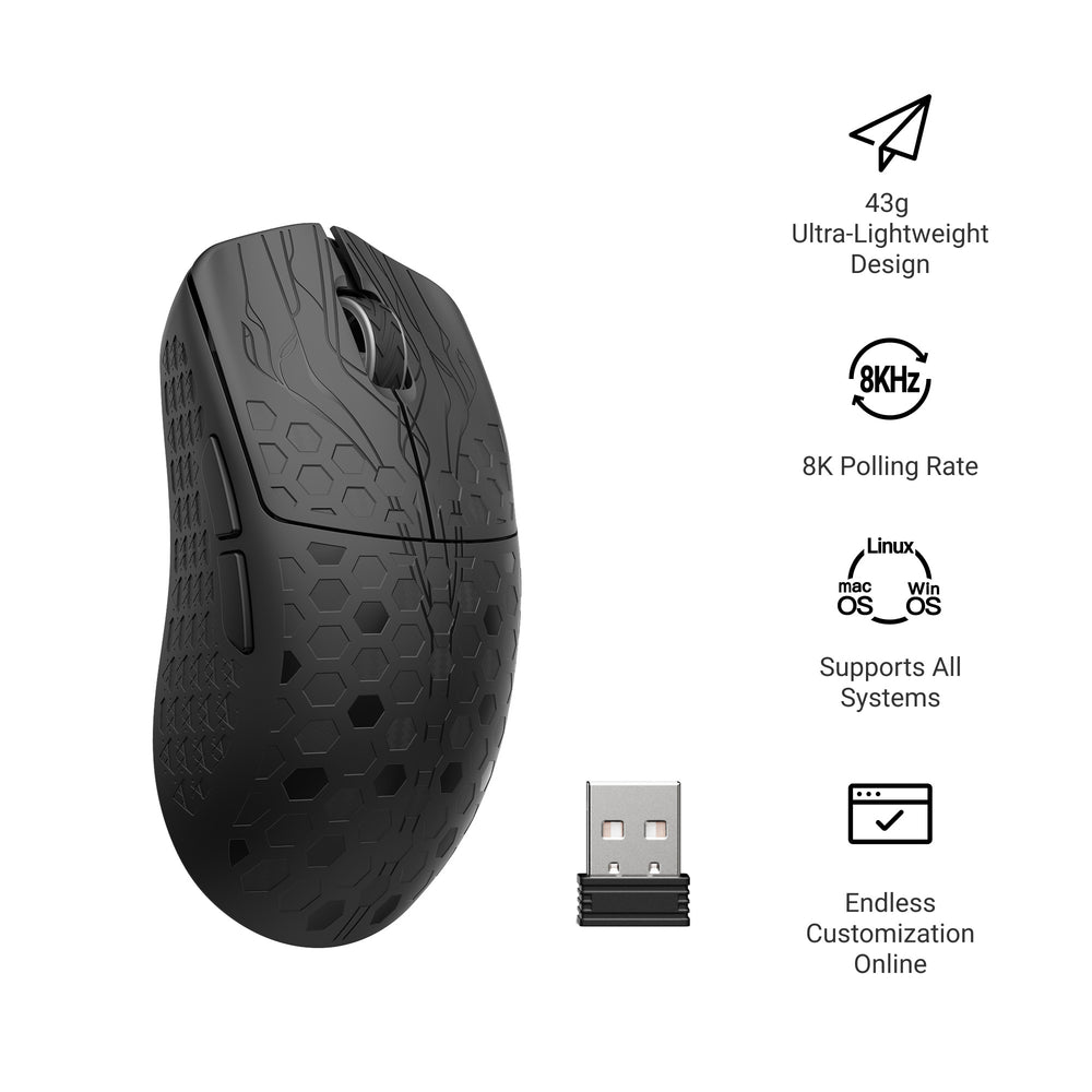 黒いKeychron G5のカーボンファイバー外装、43g、8K対応、2.4GHzレシーバーを確認できるKeychron公式説明画像