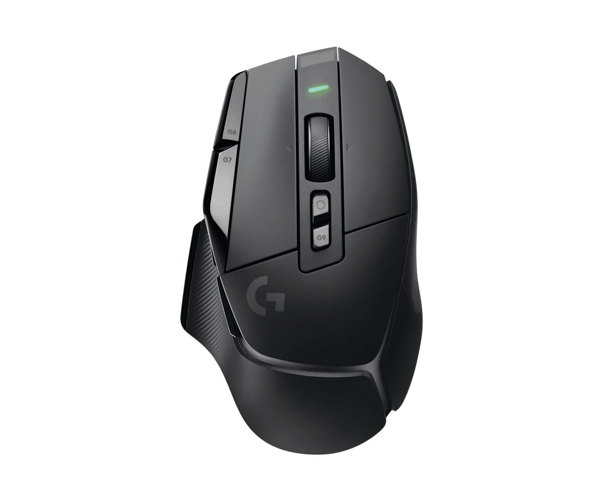 黒いLogicool G502 X LIGHTSPEEDを斜め上から見て、右手用形状、左右クリック、チルト対応ホイール、左側の多数の操作ボタンを確認できる公式商品画像