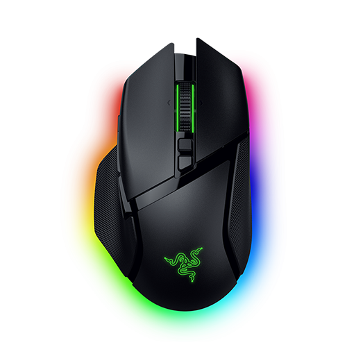 黒いRazer Basilisk V3 Pro 35Kを真上から見て、右手用エルゴノミクス形状、左右クリック、多機能ホイール、左側ボタン、底面を囲むChroma RGBを確認できる公式商品画像