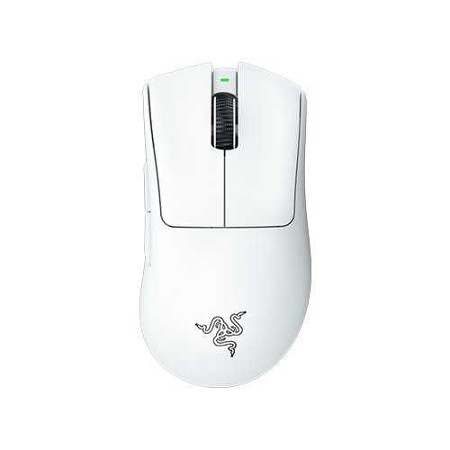 白いRazer DeathAdder V3 Proを真上から見て、右手用エルゴノミクス形状、左右クリック、ホイール、左側のサイドボタンを確認できる公式商品画像