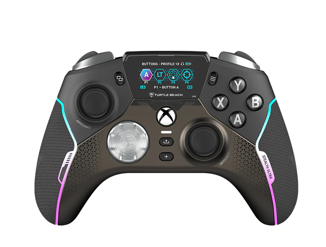 黒いTurtle Beach Stealth UltraのXbox配列、カラーコマンドディスプレイ、ABXY、D-pad、左右スティックを正面から確認できる公式商品画像